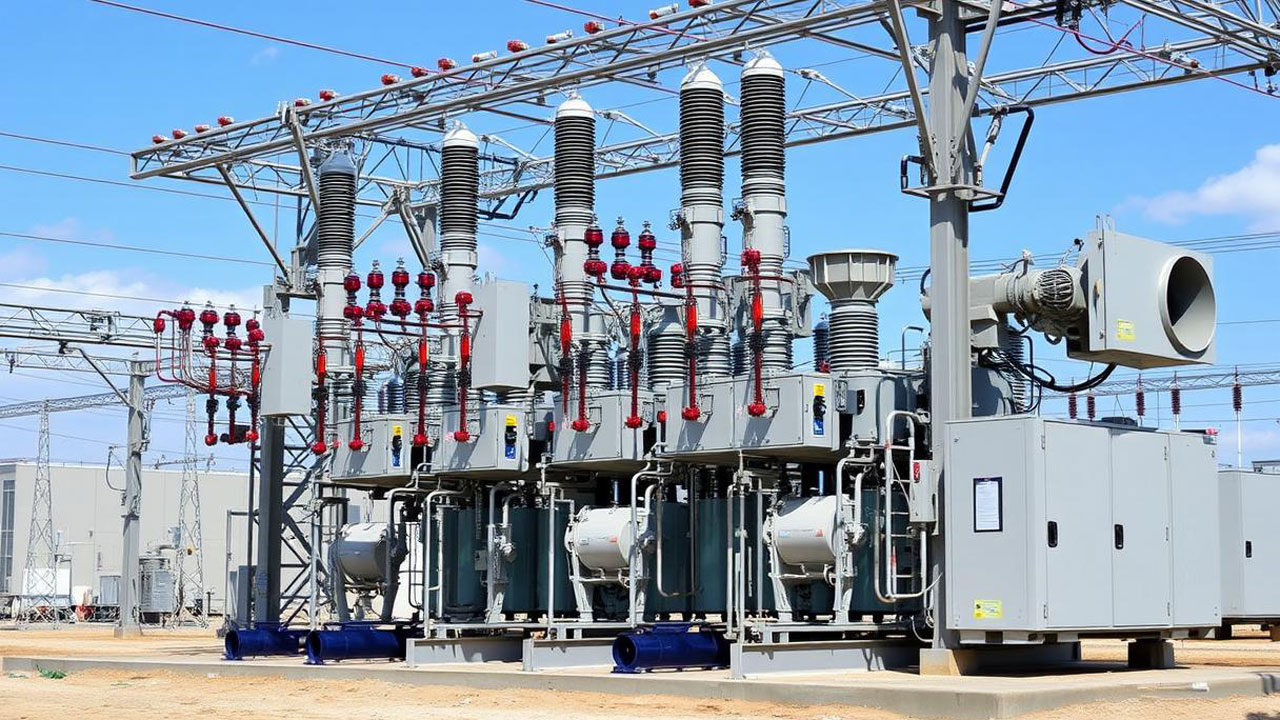 Diagram skematik single line AIS dengan pemutus, pemisah, dan pentanahan.