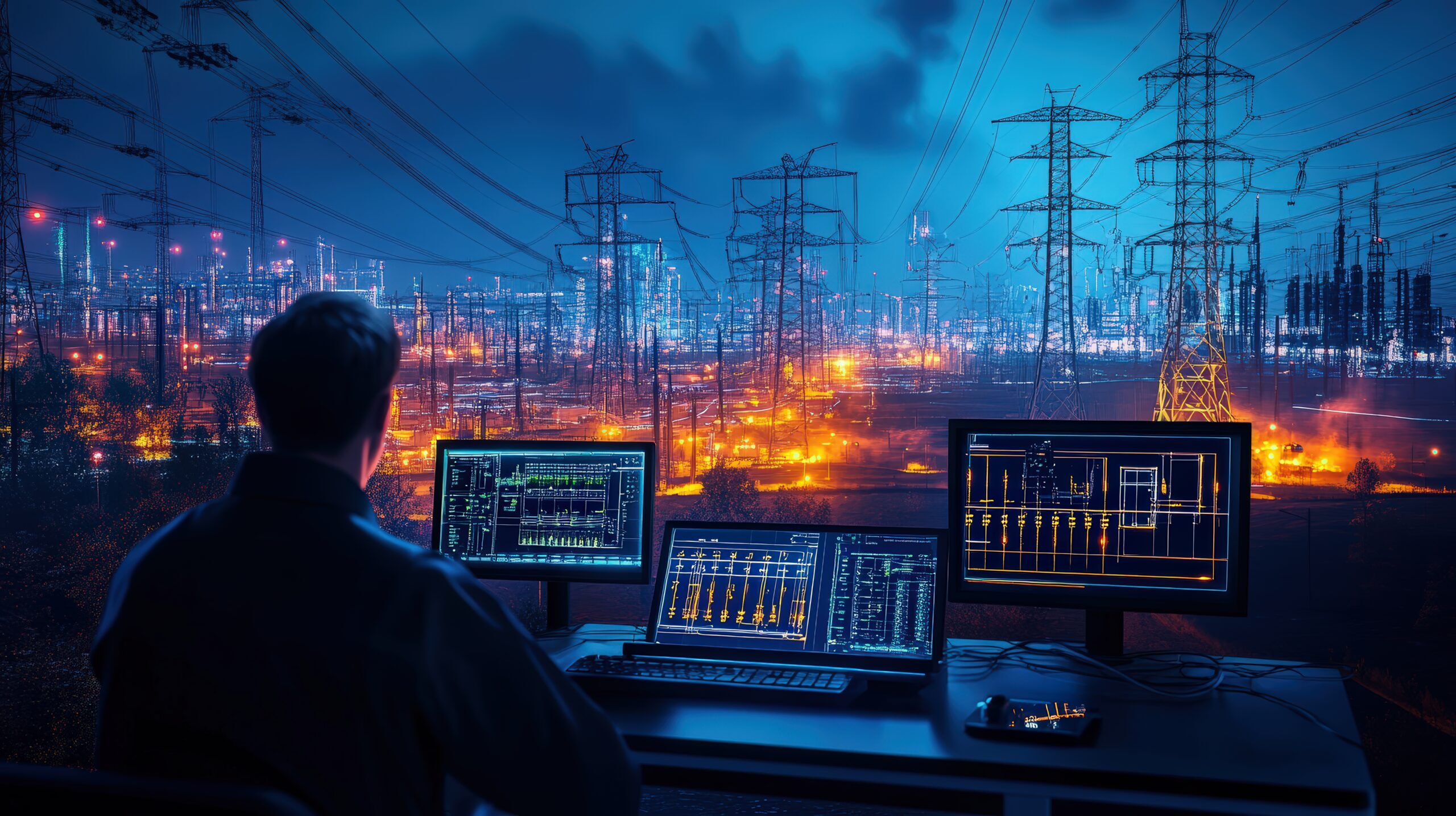 Ruang kendali sistem tenaga listrik dengan grafik beban puncak di layar monitor besar