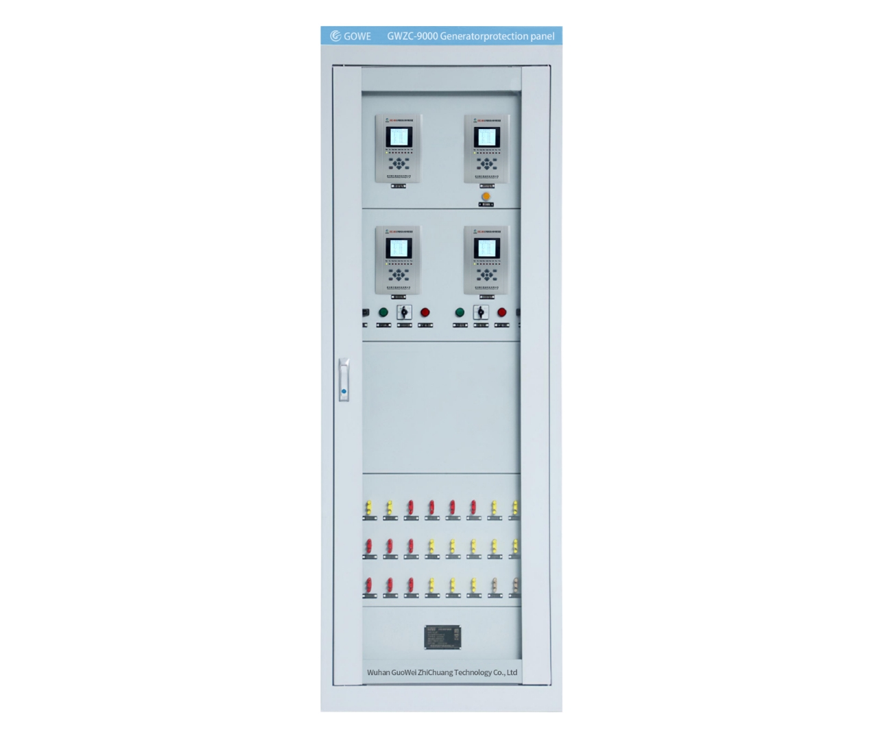 Instalasi relay proteksi busbar di rak panel dengan label wiring