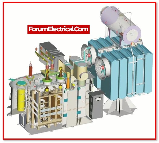 Pemandangan luas gardu induk dengan beberapa transformator dan sistem pendingin