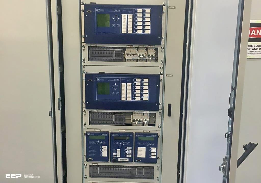 Panel proteksi listrik dengan beberapa relay, termasuk directional overcurrent