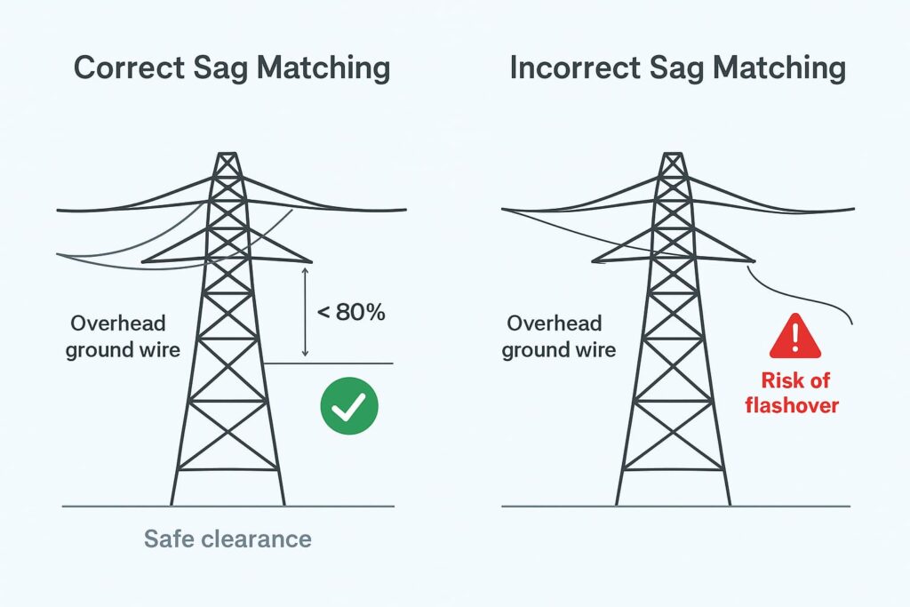 Pemandangan jarak jauh jalur transmisi dengan kawat tanah melintasi perbukitan