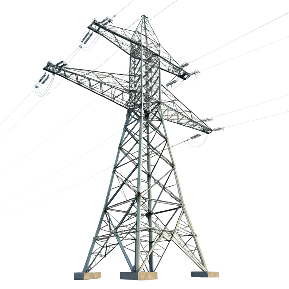 Close-up struktur sambungan dan insulator pada menara transmisi baja