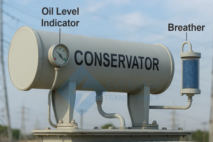 Close-up gauge level minyak dan silika gel pada tangki konservator