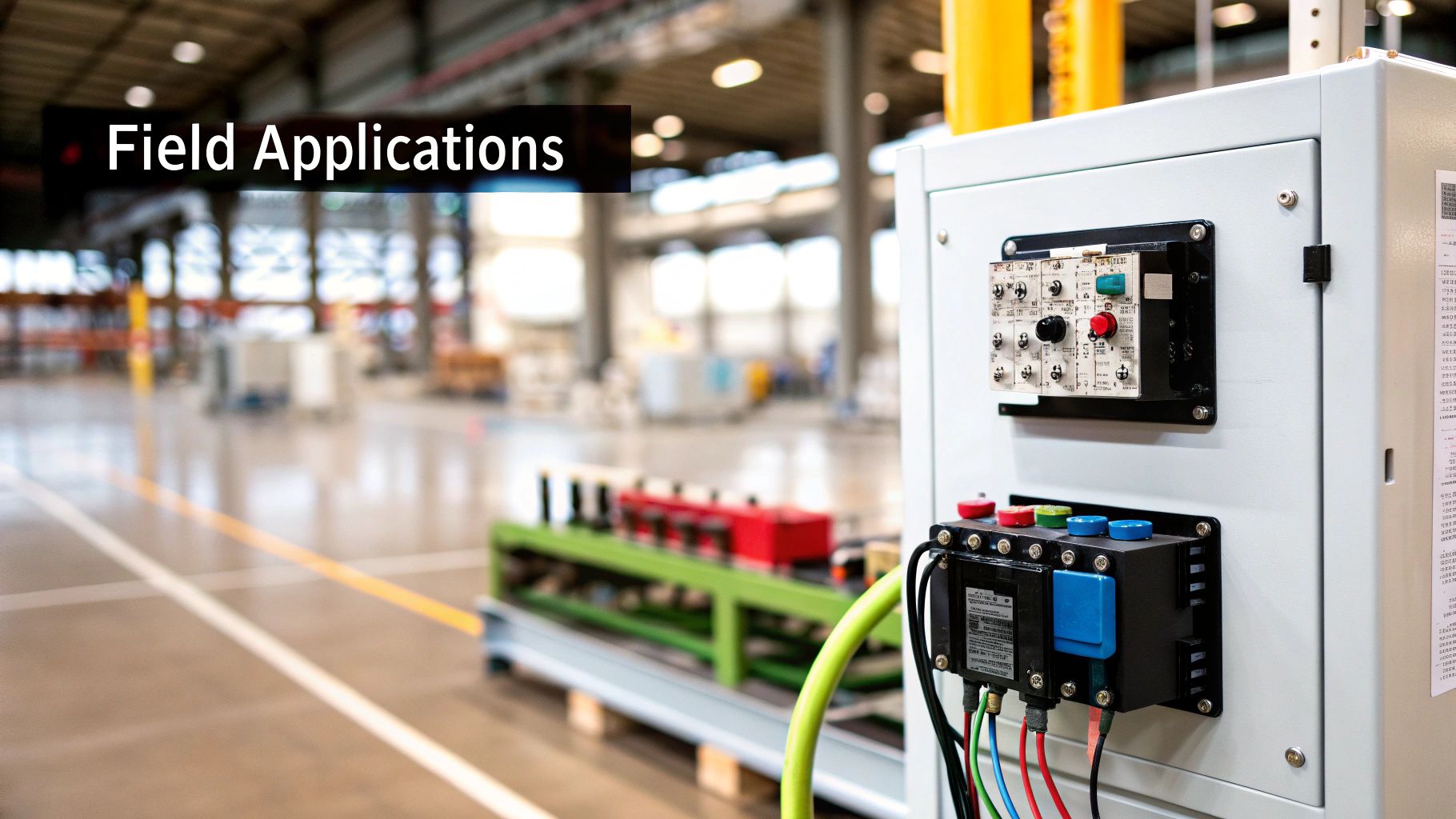 Close-up relay proteksi arus lebih digital di panel listrik industri
