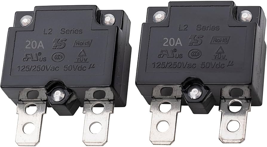 Close-up pemutus sirkuit (MCB) di panel listrik, menunjukkan posisi on/off.