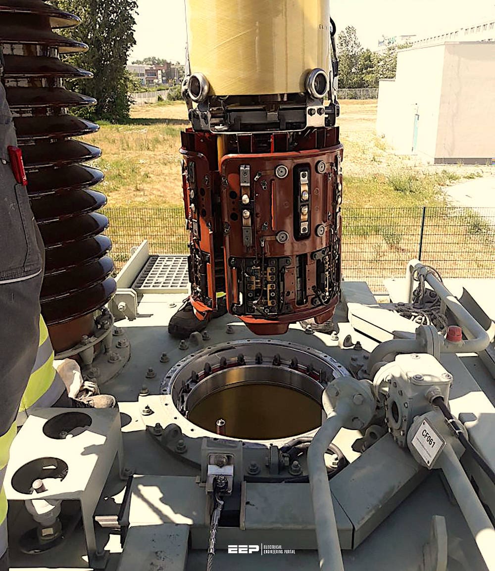 Diagram teknis ilustrasi prinsip kerja pengubah tap berbeban (OLTC)