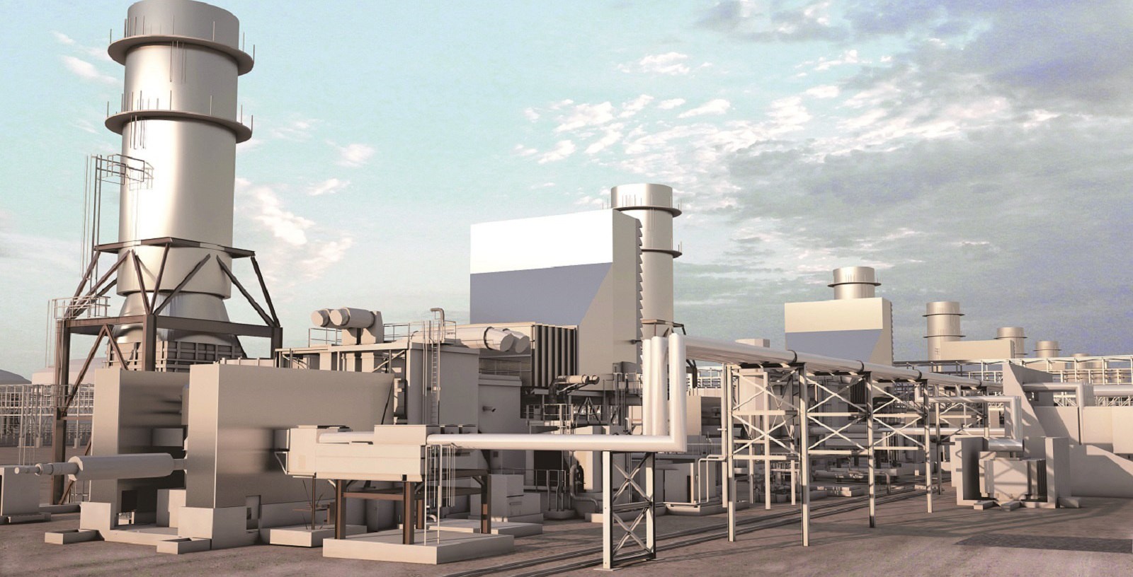 Pemandangan udara pembangkit listrik turbin gas siklus sederhana dengan saluran masuk udara