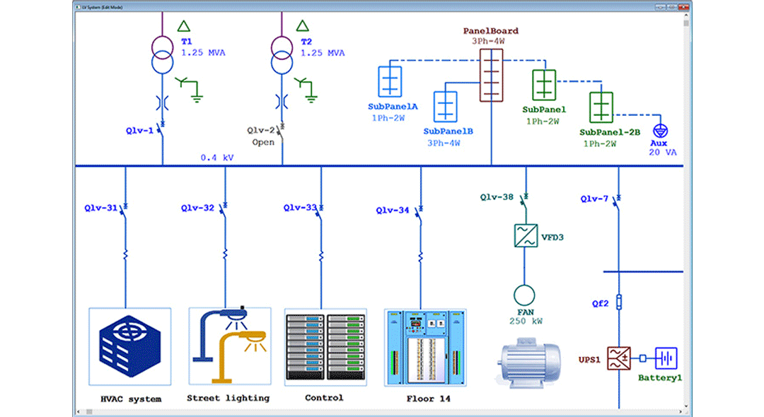 Tampilan digital diagram garis tunggal interaktif di layar komputer SCADA