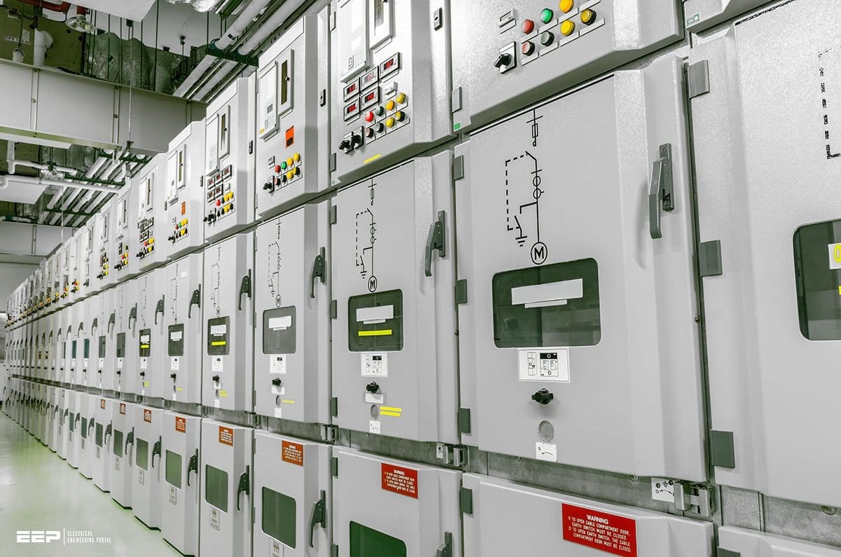 Close-up mekanisme interlock mekanis pada panel switchgear tegangan menengah