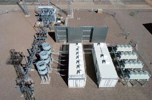 Pemandangan luas gardu listrik dengan peralatan STATCOM berukuran besar