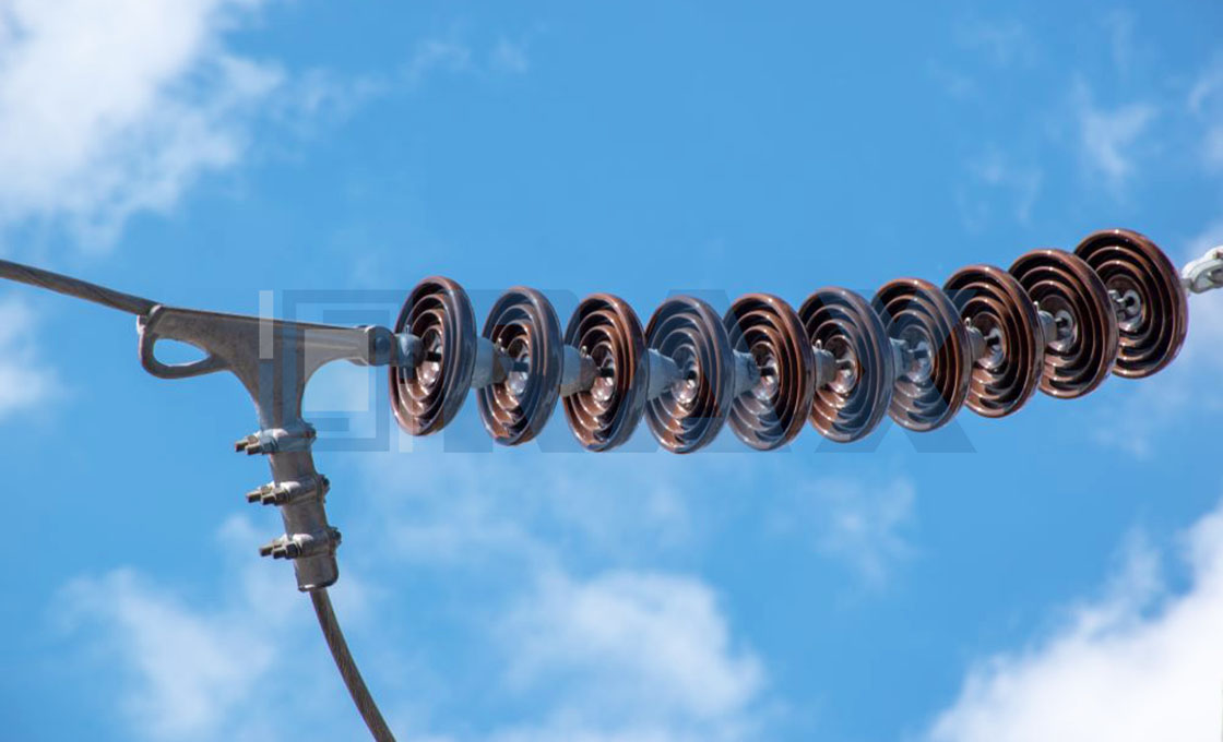 Pekerja instalasi memasang string isolator suspensi di gardu induk