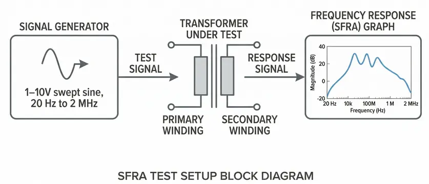 Diagram teknis hasil analisis respons frekuensi transformator pada layar komputer