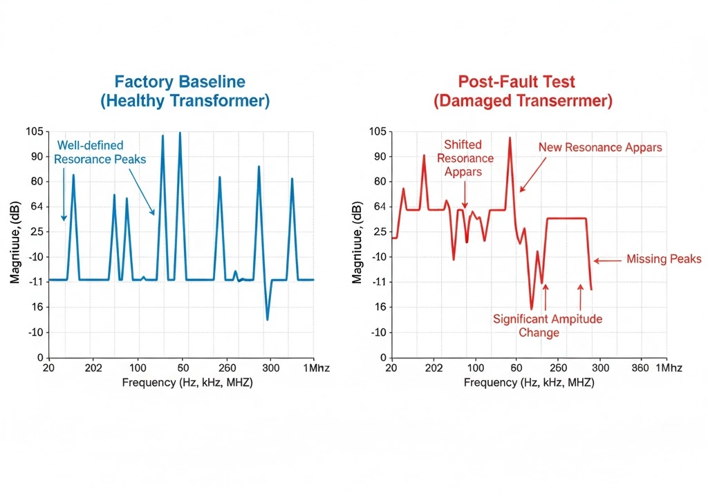 Tim teknisi menyiapkan pengujian sweep frequency pada belitan transformator di bengkel