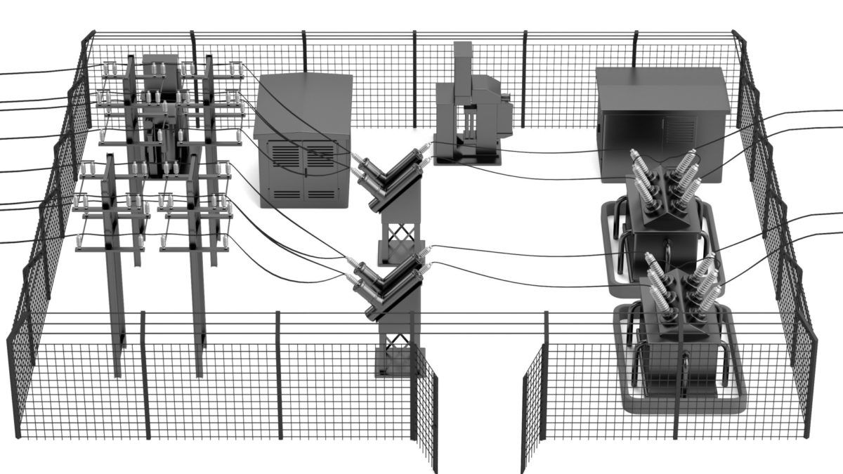 Pemandangan ground level switchyard dengan trafo daya dan lightning arrester